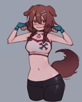 1girl animal_collar animal_ears black_shorts blue_gloves bone_hair_ornament braid breasts brown_eyes brown_hair clenched_hands collar cookd_shrimp cropped_legs dog_ears dog_girl dog_tail fingerless_gloves flexing gloves grey_background hair_ornament hololive inugami_korone medium_breasts navel shorts simple_background solo tail twin_braids virtual_youtuber