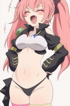 closed_eyes clothing_cutout hands_on_own_hips highres laughing milim_nava navel non-web_source open_mouth pink_hair stomach_cutout tagme twintails
