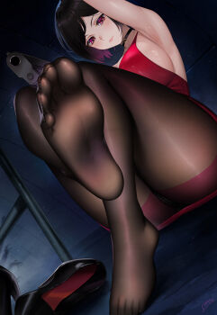 1girl absurdres ada_wong black_hair blush feet foot_focus gun handgun highres looking_at_viewer mato_kuroi medium_hair pantyhose red_eyes resident_evil shoes soles toes unworn_shoes weapon