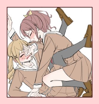 2girls aoiro1623 bang_dream! black_pantyhose black_socks blonde_hair blush brown_dress brown_footwear brown_hair closed_eyes closed_mouth commentary_request covering_face dress hair_ribbon hanasakigawa_school_uniform highres ichigaya_arisa kneehighs multiple_girls nervous_sweating pantyhose parted_lips pink_background ponytail ribbon sailor_collar school_uniform smile socks stuck_in_a_box sweat twintails two-tone_background white_background white_sailor_collar yamabuki_saya yellow_ribbon yuri