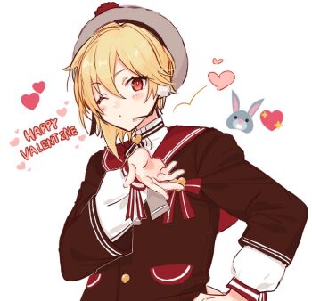 1boy androgynous blonde_hair brown_jacket ensemble_stars! happy_valentine hat headset heart jacket long_sleeves looking_at_viewer male_focus nito_nazuna one_eye_closed red_eyes red_sailor_collar sailor_collar short_hair sketch solo sushi_171