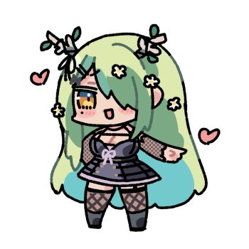 1girl antlers black_shoes black_thighhighs blush breasts ceres_fauna ceres_fauna_(goth) chibi chibi_only commentary commentary_request dress english_commentary fishnet_thighhighs fishnets flower full_body garter_straps green_hair hair_flower hair_ornament hair_over_one_eye heart highres hololive hololive_english horns hosoi_kouzou long_hair mixed-language_commentary official_alternate_costume official_alternate_hairstyle purple_dress shoes simple_background single_garter_strap solo thighhighs very_long_hair virtual_youtuber white_background white_flower yellow_eyes