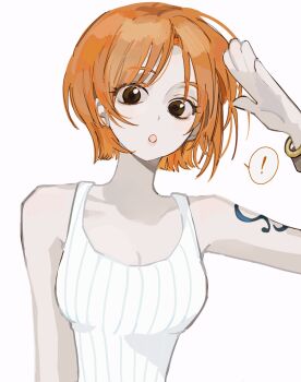 ! 1girl bangle bare_shoulders bracelet breasts brown_eyes cleavage collarbone commentary_request highres jewelry korean_commentary looking_at_viewer medium_breasts nami_(one_piece) one_piece open_mouth orange_hair ribbed_shirt ribbed_tank_top saeriiy salute shirt short_hair shoulder_tattoo simple_background solo spoken_exclamation_mark tank_top tattoo upper_body white_background white_tank_top