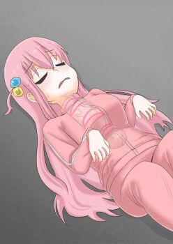 bocchi_the_rock! censored closed_eyes dickneck gotoh_hitori grey_background hair_ornament jacket lying on_back open_mouth penis pink_hair pink_jacket qpmuma simple_background what x-ray_vision