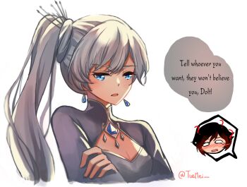 ? artist_name black_hair blue_dress blue_eyes blush commentary crossed_arms dress earrings english_commentary english_text gradient_hair highres jewelry long_hair multicolored_hair open_mouth ponytail red_hair ruby_rose rwby speech_bubble tiara tuemei weiss_schnee white_background white_hair