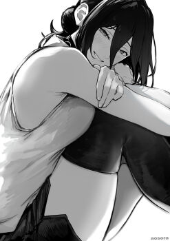 1girl absurdres aosora2823 armpits breasts chainsaw_man commentary_request greyscale highres looking_at_viewer medium_breasts monochrome reze_(chainsaw_man) shirt short_hair simple_background sitting sleeveless sleeveless_shirt solo thighhighs thighs white_background