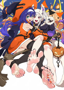 Rule 34 | 2girls, animal ears, aqua eyes, balloon, bare legs, barefoot, between thighs, black bow, black nails, black thighhighs, blue hair, blue nails, bow, broom, bunting, candle, commentary request, crescent moon, dress, fake animal ears, fake claws, feet, female robin (fire emblem), female robin (grima) (fire emblem), female robin (grima) (halloween) (fire emblem), fingerless gloves, fire emblem, fire emblem heroes, foot focus, gloves, hair intakes, hairband, halloween, halloween costume, hat, heart balloon, highres, holding, holding broom, jack-o'-lantern, looking at viewer, mia (fire emblem), mia (halloween) (fire emblem), moon, multicolored nails, multiple girls, nail polish, nintendo, open mouth, orange nails, red eyes, short dress, sleeveless, sleeveless dress, smile, spread toes, star (sky), stirrup legwear, tail, teeth, thighhighs, toeless legwear, toenail polish, toenails, toes, upper teeth only, ushiki yoshitaka, werewolf costume, white hair, white hairband, witch hat, wolf ears, wolf tail, zettai ryouiki