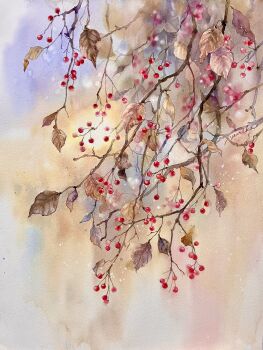 autumn autumn_leaves berry blurry blurry_background branch decay gradient_background highres leaf light_particles no_humans ooy33151086 original painting_(medium) plant plant_focus scenery signature still_life traditional_media tree watercolor_(medium) watercolor_background watercolor_effect