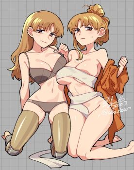 1girl barefoot black_bra black_panties blush bra breasts brown_eyes brown_hair brown_thighhighs cleavage commentary_request dated kneeling long_hair looking_at_viewer matara_okina panties shikido_(khf) solo sweat thighhighs touhou twitter_username underwear