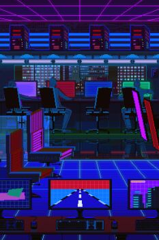 animated animated_gif arcade at_computer chair cityscape commission computer computer_keyboard computer_mouse computer_tower cyber_cafe desk gaming_chair indoors limited_palette monitor multiple_monitors multiple_others night original pixel_art swivel_chair video_game waneella
