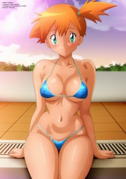 1girl alternate_costume arm_support bare_arms bikini blue_bikini blush breasts closed_mouth cloud collarbone covered_erect_nipples day eyelashes green_eyes large_breasts looking_at_viewer medium_breasts micro_bikini misty_(pokemon) navel nintendo o-ring orange_hair outdoors pokemon pokemon_(anime) pokemon_(classic_anime) pokemon_rgby ponytail pool shiny_skin short_hair side_ponytail sitting sky smile solo sunset sweat swimsuit thick_thighs thighs tiles wet zel-sama