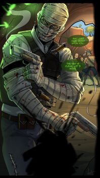 1911 1girl 3boys bald bandage_on_face bandaged_arm bandages baseball_cap beard belt blood blood_on_clothes blood_on_face bulletproof_vest cave cliff collared_shirt denim dual_wielding facial_hair fallout fallout:_new_vegas follows_chalk glowing_mushroom gun handgun hat highres holding jeans joshua_graham mask multiple_boys pants pouch shirt signature smoke smoking_barrel torn_clothes tree trigger_discipline vinitheprog weapon white_shirt