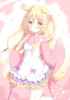 Rule 34 | 1girl, absurdres, animal ears, apron, blonde hair, blue eyes, blush, bow, closed mouth, commentary request, dog ears, dog girl, dog tail, frilled apron, frilled skirt, frills, glasses, hair between eyes, hair bow, hair ornament, hairclip, heterochromia, highres, holding, japanese clothes, kimono, long hair, long sleeves, looking at viewer, maid, original, pink bow, pink kimono, pleated skirt, purple skirt, round eyewear, shiraame, skirt, sleeves past wrists, smile, solo, stylus, tail, thighhighs, two side up, very long hair, wa maid, white apron, white thighhighs, wide sleeves, yellow eyes