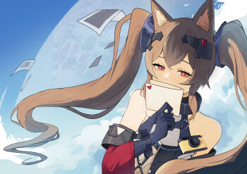 Rule 34 | 1girl, absurdres, angelina (arknights), animal ear fluff, animal ears, arknights, arknights: endfield, bare shoulders, black gloves, blue sky, breasts, brown hair, camera, close-up, coat, commentary, covering own mouth, day, diamond-shaped pupils, diamond (shape), dot nose, double-parted bangs, dress, elbow gloves, english commentary, floating hair, floating paper, fox ears, fox girl, gilberta (arknights), gloves, headpiece, heart, high collar, highres, holding, holding letter, huge moon, letter, long hair, long sleeves, looking at viewer, medium breasts, moon, off shoulder, open clothes, open coat, outdoors, red coat, red eyes, sky, sleeveless, sleeveless dress, solo, symbol-shaped pupils, twintails, upper body, yellow glasses (odivichno)