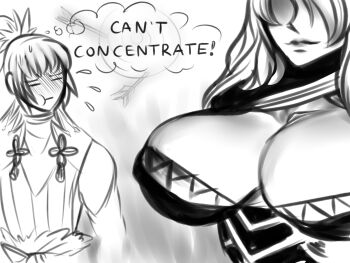 Rule 34 | 1boy, 1girl, breast focus, breasts, camilla (fire emblem), chignon, cleavage, fire emblem, fire emblem fates, large breasts, nervous, nervous sweating, nintendo, older female and younger male, revolting rat, revolverwing, speech bubble, sweat, takumi (fire emblem), thought bubble