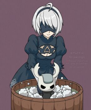 1girl 1other 2b_(nier:automata) ahoge annoyed artist_name black_dress black_eyes black_hairband black_skin blank_eyes blindfold bob_cut breasts cleavage cleavage_cutout closed_mouth clothing_cutout colored_skin covered_eyes crossover dress furry gloves grey_hair hairband highres hollow_knight juliet_sleeves knight_(hollow_knight) long_sleeves medium_breasts nier:automata nier_(series) object_on_head puffy_sleeves purple_background short_hair sidelocks simple_background soap_bubbles split_mouth standing twitter_username v-shaped_eyebrows washing_another watermark wooden_bathtub yuffie_drawings
