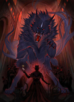 1boy absurdres artist_request black_gloves black_hat cane chinese_commentary claws coin commentary_request extra_legs fangs gloves gold_coin hat highres holding holding_cane indoors klein_moretti lord_of_the_mysteries open_mouth red_eyes string tail tentacles the_god_of_wishes tile_floor tiles tongue top_hat windbreaker wolf wolf_tail zombie