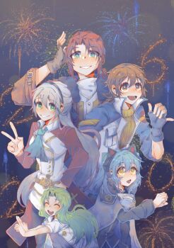 2boys 3girls aerial_fireworks ao_no_kiseki armor artist_request black_gloves blue_hair breastplate brown_eyes brown_gloves brown_hair cape closed_eyes commentary_request curtained_hair double-parted_bangs eiyuu_densetsu elie_macdowell fireworks gloves green_eyes green_hair green_neckerchief grin hair_between_eyes highres jacket kea_(eiyuu_densetsu) lloyd_bannings long_hair long_sleeves looking_at_viewer multiple_boys multiple_girls neckerchief new_year open_mouth parted_bangs parted_lips randolph_orlando red_hair shirt short_hair short_sleeves smile tio_plato twintails white_hair yellow_eyes zero_no_kiseki