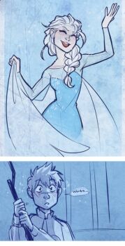 comic_strip crossover elsa_(frozen) jack_frost_(rise_of_the_guardians) monochrome snow