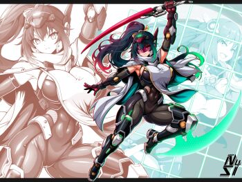 Rule 34 | 1girl, armored bodysuit, artist logo, assault visor, black border, black hair, bodysuit, border, breasts, cape, capelet, closed mouth, commentary request, commission, covered groin, crossed bangs, different zoom layer, double-parted bangs, full body, gauntlets, green streaks, hair between eyes, headgear, highres, large breasts, logo, long breast curtain, long hair, looking at viewer, multicolored hair, muscular, muscular female, ninja, nuuuuuusi06, original, pixiv commission, projected inset, red visor, science fiction, solo, streaked hair, tabard, thick thighs, thighs, very long hair, white cape, white capelet, yellow eyes, zoom layer