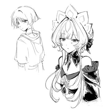 1boy 1girl anger_vein annoyed arms_at_sides bag bare_shoulders blunt_bangs blunt_ends breasts closed_mouth cropped_torso detached_collar detached_sleeves dress expressionless eyelashes frilled_sleeves frills genshin_impact greyscale headdress highres japanese_clothes kimono l2_hh7 layered_sleeves long_sidelocks looking_at_another looking_at_viewer looking_back medium_breasts monochrome sandrone_(genshin_impact) scaramouche_(genshin_impact) short_hair_with_long_locks short_sleeves sidelocks swept_bangs tsurime white_background