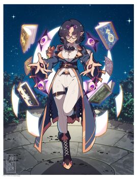 1girl belt black-framed_eyewear black_hair book boots border breasts coat floating floating_object frills full_body glasses gloves grin hand_eye highres jesternalagon lace-up_boots long_sleeves looking_at_viewer medium_hair monocle moon night night_sky open_book original outdoors pants purple_eyes sharp_teeth shirt sky smile solo standing standing_on_one_leg star_(sky) starry_sky teeth thigh_gap thigh_strap tree white_border white_pants white_shirt