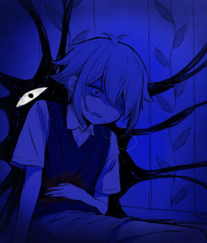 Rule 34 | 1boy, antenna hair, basil (faraway) (omori), basil (omori), blonde hair, blood, blood on clothes, blue eyes, blue theme, collared shirt, commentary request, green sweater vest, highres, male focus, omori, open mouth, segue5o, shirt, short sleeves, shorts, sitting, solo, something (omori), spoilers, sweater vest, white shirt