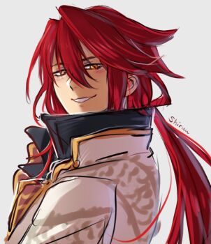 1boy aaron_wei artist_name commentary double-parted_bangs eiyuu_densetsu english_commentary from_side hair_between_eyes kuro_no_kiseki_(series) long_hair looking_at_viewer male_focus parted_lips ponytail popped_collar red_hair shiruuruu sidelocks smile solo yellow_eyes