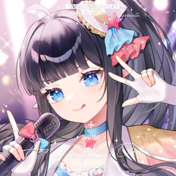 1girl ahoge black_hair blue_eyes blunt_bangs blurry blurry_background choker collarbone commission eyelashes fingerless_gloves fingernails frills gloves hat hat_ornament high_ponytail highres holding holding_microphone idol long_hair long_sidelocks looking_at_viewer microphone mini_hat original ponytail sidelocks solo square star_(symbol) tongue tongue_out upper_body watermark white_gloves yan_an_xi_ye