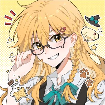 Rule 34 | 1girl, adjusting eyewear, bespectacled, black vest, blonde hair, blush, bow, bowtie, braid, chinese commentary, collared shirt, commentary request, dog, glasses, green bow, green bowtie, grin, hair bow, hair ornament, hand on eyewear, hitte5416, jar, kirisame marisa, long hair, looking at viewer, shirt, side braid, single braid, smile, solo, star (symbol), star hair ornament, teardrop-framed glasses, touhou, vest, white shirt, yellow eyes