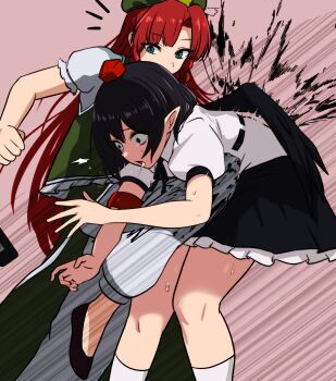 2girls absurdres armband bent_over black_hair black_skirt braid braided_sidelocks commentary_request constricted_pupils feet_out_of_frame green_eyes green_hat green_vest hat highres hong_meiling kneeing long_hair monadmandara motion_lines multiple_girls open_mouth pants pink_background pointy_ears puffy_short_sleeves puffy_sleeves punching red_armband red_hair red_hat ryona saliva shameimaru_aya shirt short_hair short_sleeves sidelocks skirt socks speed_lines stomach_punch sweat tokin_hat touhou vest white_pants white_shirt white_socks
