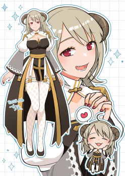 Rule 34 | 1girl, arch bishop (ragnarok online), black dress, black shoes, blush, breasts, brown horns, chibi, chibi inset, chima (iccachima), cleavage, cleavage cutout, clothing cutout, commentary request, cross, dress, fangs, fingernails, fishnet thighhighs, fishnets, full body, grey hair, highres, horns, juliet sleeves, long hair, long sleeves, looking at viewer, medium breasts, multiple views, no panties, open mouth, pelvic curtain, puffy sleeves, ragnarok masters, ragnarok online, red eyes, red nails, sash, shoes, smile, thighhighs, two-tone dress, white background, white dress, white thighhighs, yellow sash