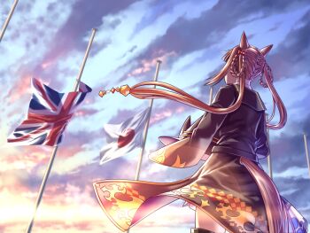 Rule 34 | 1girl, animal ears, black robe, black thighhighs, braid, braided hair rings, brown hair, cloud, commentary request, flagpole, hair rings, hat, holding, holding unworn clothes, holding unworn hat, horse ears, horse girl, horse tail, japanese flag, long hair, missing headwear, outdoors, peeta, robe, skirt, sky, solo, sunset, sweep tosho (platanus witch) (umamusume), sweep tosho (umamusume), tail, textless version, thighhighs, twintails, umamusume, union jack, unworn hat, unworn headwear, white skirt, witch hat