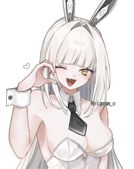 1girl ;) animal_ear_headwear animal_ears ascot backless_leotard black_ascot blanc_(nikke) blush breasts detached_collar fake_animal_ears fang finger_heart goddess_of_victory:_nikke half-heart_hands hand_up heart highres leotard long_hair looking_at_viewer nigmgm_o one_eye_closed open_mouth playboy_bunny rabbit_ears skin_fang smile strapless strapless_leotard upper_body very_long_hair white_hair white_leotard white_nails wrist_cuffs yellow_eyes