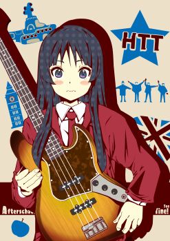 1girl absurdres akiyama_mio bass_guitar black_eyes black_hair blush_stickers casual closed_mouth collared_shirt commentary_request elizabeth_tower fender_jazz_bass highres holding holding_bass_guitar holding_instrument instrument jacket k-on! laika2slip long_hair looking_at_viewer necktie purple_eyes red_jacket red_necktie shirt solo wavy_mouth white_shirt