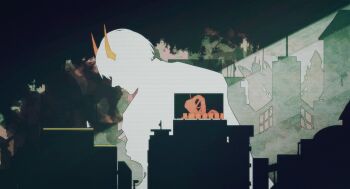 1boy billboard building city demon_horns faceless giant head_down highres horaceswarcsal horns kim_dokja light_rays omniscient_reader&#039;s_viewpoint short_hair silhouette solo upper_body