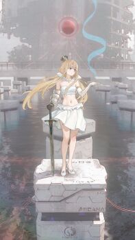 Rule 34 | 1girl, 3d, absurdres, arm at side, bandeau, blonde hair, breasts, building, commentary, crown, day, english commentary, flood, frilled skirt, frills, full body, gauntlets, gloves, hand up, high heels, highres, long hair, looking back, looking to the side, navel, official art, original, outdoors, reisen13, scenery, shoes, single gauntlet, single glove, skirt, solo, standing, stomach, sword, water, weapon, white bandeau, white shoes, white skirt