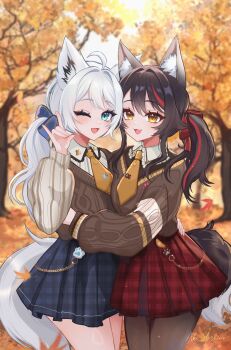 2girls :d ;d absurdres ahoge aki_hoshino animal_ear_fluff animal_ears aqua_eyes aran_sweater autumn autumn_leaves black_hair blue_sky blurry blurry_background brown_pantyhose brown_shirt brown_sweater brown_sweater_vest brown_vest cable_knit collared_shirt commentary contrast_collar day english_commentary fox_ears fox_girl fox_shadow_puppet fox_tail hair_flaps hand_around_waist hand_up highres hololive hug leaf long_hair looking_at_viewer miniskirt multicolored_hair multiple_girls necktie official_alternate_costume one_eye_closed ookami_mio ookami_mio_(10th_costume) open_mouth outdoors pantyhose pleated_skirt red_hair red_skirt shirakami_fubuki shirakami_fubuki_(11th_costume) shirt short_necktie side_ponytail sidelocks skirt sky smile streaked_hair sweater sweater_tucked_in sweater_vest tail vest virtual_youtuber white_hair white_shirt wolf_ears wolf_girl wolf_tail yellow_eyes yellow_necktie yuri