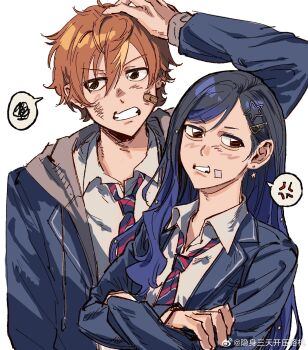 Rule 34 | 1boy, 1girl, anger vein, angry, arm at side, arm up, bandaid, bandaid on cheek, bandaid on face, black hair, black jacket, black necktie, blazer, blue hair, brown eyes, bruise, bruise on face, chinese commentary, clenched teeth, collared shirt, commentary request, crossed arms, diagonal-striped clothes, diagonal-striped necktie, drawstring, dress shirt, earrings, gift art, gradient hair, grey jacket, hair behind ear, hair ornament, hairclip, hand on own head, height difference, highres, hood, hood down, hooded jacket, implied after fight, injury, jacket, jacket over jacket, jewelry, kamiyama high school uniform (project sekai), lapels, long hair, long sleeves, looking to the side, multicolored hair, necktie, notched lapels, orange hair, parted bangs, parted hair, project sekai, school uniform, scratching head, second-party source, shenhu xiao longxia wei fanqie niunan guamian, shinonome akito, shiraishi an, shirt, short hair, side part, simple background, spoken anger vein, spoken squiggle, squiggle, star (symbol), star earrings, star hair ornament, striped clothes, teeth, two-tone hair, upper body, v-shaped eyebrows, very long hair, very short hair, watermark, weibo watermark, white background, white shirt, wing collar, winter uniform