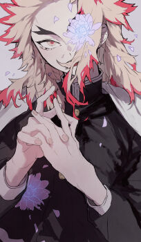 Rule 34 | 1boy, black jacket, blonde hair, commentary request, fingernails, flower, flower over eye, flower request, forked eyebrows, grey background, hair over mouth, highres, jacket, kimetsu no yaiba, long sleeves, looking at viewer, male focus, red pupils, rengoku kyoujurou, solo, thick eyebrows, tokoame, upper body