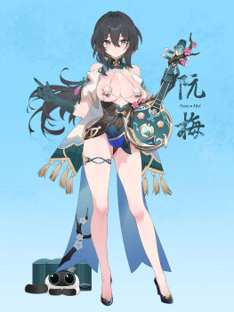 1girl absurdres adapted_costume aqua_collar aqua_gloves aqua_shoes bare_legs bare_shoulders bead_necklace beads black_panties blue_background blush bodice breasts breasts_apart brown_hair character_name closed_mouth clothing_cutout collar commentary commentary_request covered_navel detached_collar dna english_commentary full_body gloves gluteal_fold green_eyes hair_between_eyes hair_intakes highres holding holding_instrument honkai:_star_rail honkai_(series) index_finger_raised instrument jewelry large_breasts legs long_hair looking_at_viewer mixed-language_commentary necklace paid_reward_available panties ruan ruan_mei_(honkai:_star_rail) shoes shoulder_cutout solo standing thigh_strap underwear waterring