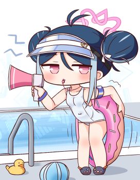 1girl ball bare_shoulders beachball black_footwear blue_archive blue_hair blue_hat blush breasts chibi covered_navel crocs double_bun fubuki_(blue_archive) fubuki_(swimsuit)_(blue_archive) hair_between_eyes hair_bun halo hana_kazari hat heart highres holding holding_megaphone innertube leaning_forward looking_at_viewer megaphone mouth_hold multicolored_hair old_school_swimsuit pink_eyes pool poolside rubber_duck school_swimsuit small_breasts solo standing streaked_hair swim_ring swimsuit trembling visor_cap water whistle whistle_around_neck white_background