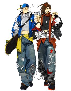 2boys arm_on_another's_shoulder backwards_hat baggy_pants baseball_cap black_hair black_shoes black_skirt braid brothers brown_hair casual crescent crescent_necklace crop_top denim embroidered_pants enopth1102 full_body grey_jacket hair_over_one_eye hat headphones highres holding holding_skateboard jacket jeans jewelry letterman_jacket looking_at_another male_focus multiple_boys necklace off_shoulder open_clothes open_jacket pants red_scarf scarf shoes siblings simple_background single_braid skateboard skirt sneakers standing star_(symbol) star_print street_fighter torn_clothes torn_jeans torn_pants twins white_background yang_lee yun_lee