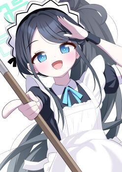 1girl :d absurdres apron aqua_halo aqua_ribbon aris_(blue_archive) aris_(maid)_(blue_archive) arm_up black_dress black_hair black_wrist_cuffs blue_archive blue_eyes blush bright_pupils collared_dress commentary_request contrast_collar dot_nose dress frilled_apron frills halo highres hinatsuki_83 long_hair long_sidelocks looking_at_viewer maid maid_apron maid_day maid_headdress neck_ribbon official_alternate_costume official_alternate_hairstyle open_mouth outstretched_arm parted_bangs pointing pointing_at_viewer ponytail puffy_short_sleeves puffy_sleeves rectangular_halo ribbon ringed_eyes salute short_sleeves sidelocks simple_background smile solo upper_body very_long_hair white_apron white_background white_headdress wrist_cuffs