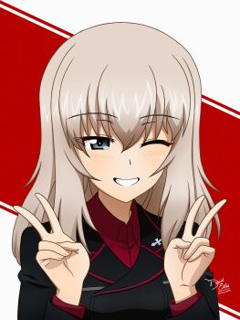 Rule 34 | 1girl, absurdres, black jacket, blue eyes, blush, breast pocket, cross, dress shirt, girls und panzer, grey hair, hair between eyes, highres, itsumi erika, jacket, kd esler, kuromorimine military uniform, long hair, long sleeves, looking at viewer, military, military uniform, one eye closed, pocket, red shirt, shirt, simple background, smile, solo, v, wing collar