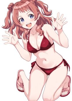 1girl bikini breasts brown_hair cleavage flip-flops gakuen_idolmaster hanami_saki idolmaster kneeling long_hair looking_at_viewer medium_breasts ponzu_rui purple_eyes red_bikini sandals side-tie_bikini_bottom simple_background smile solo swimsuit two_side_up waving white_background
