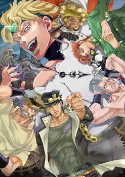 1girl 6+boys alessi birthmark black_hair blonde_hair blue_eyes brown_eyes brown_hair chain clock_hands daniel_j._d&#039;arby dark-skinned_male dark_skin dio_brando dog earrings enya_geil facial_mark fangs fingernails gakuran gears gloves green_eyes green_hair green_lips grey_hair grin hariyama_(toubou_tengoku) hat headband highres iggy_(jojo) interlocked_fingers jean_pierre_polnareff jewelry jojo_no_kimyou_na_bouken jojo_pose joseph_joestar joseph_joestar_(old) kakyoin_noriaki kujo_jotaro&#039;s_pose kuujou_joutarou lipstick long_hair makeup mohammed_avdol multiple_boys n&#039;doul nail_polish no_eyebrows old old_woman one_eye_closed pointing pointing_at_viewer ponytail purple_eyes purple_nails red_eyes red_hair school_uniform sharp_fingernails smile sparkle sunglasses tattoo terence_t._d&#039;arby white_hair wristband