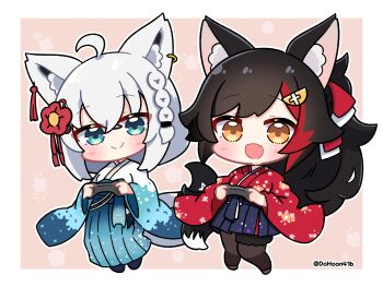2girls :d ahoge animal_ear_fluff animal_ear_piercing animal_ears black_hair black_pantyhose blue_eyes blue_hakama blue_skirt blush border braid chibi chibi_only closed_mouth commentary_request controller dohoon earrings fang flower fox_ears fox_girl fox_tail full_body game_controller hair_between_eyes hair_flower hair_ornament hakama hakama_skirt highres holding holding_controller holding_game_controller hololive japanese_clothes jewelry kimono long_hair long_sleeves looking_at_viewer multicolored_hair multiple_girls obi official_alternate_costume ookami_mio ookami_mio_(new_year) open_mouth outline outside_border pantyhose pleated_skirt red_hair red_kimono sash shirakami_fubuki shirakami_fubuki_(new_year) short_hair sidelocks single_earring skin_fang skirt smile streaked_hair tail tail_around_own_leg tail_wrap virtual_youtuber white_border white_hair white_kimono white_outline wide_sleeves wolf_ears wolf_girl wolf_tail yellow_eyes