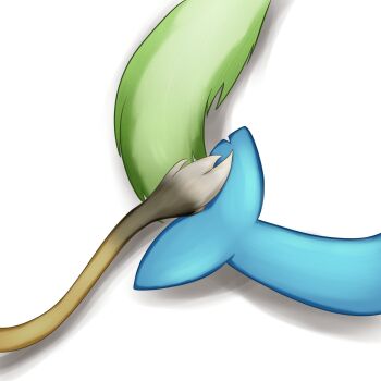 3girls blue_tail dooby ferret ferret_tail fins fish_girl fish_tail gradient_tail green_tail highres indie_virtual_youtuber jerboa_tail laimu_(vtuber) multicolored_tail multiple_girls neerotanaka sameko_saba shadow simple_background tail two-tone_tail virtual_youtuber white_background white_tail