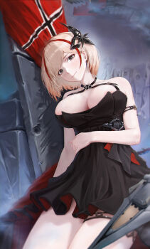 1girl absurdres arm_on_own_stomach azur_lane bare_shoulders black_dress blonde_hair blush breasts cherun cleavage commentary_request cross dress earrings hair_ornament hand_on_own_stomach highres iron_cross jewelry large_breasts medium_hair multicolored_hair no_bra red_hair rigging roon_(azur_lane) roon_(dark_red_grin)_(azur_lane) sleeveless sleeveless_dress smile solo streaked_hair thighs two-tone_hair yellow_eyes